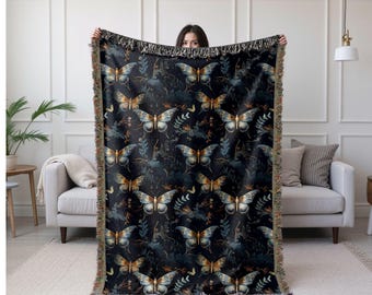 Woven Moths Blanket | Moth Blanket | Moth Throw Blanket | Dark Academia Blanket | Butterfly Blanket | Boho Moth Throw Blanket
