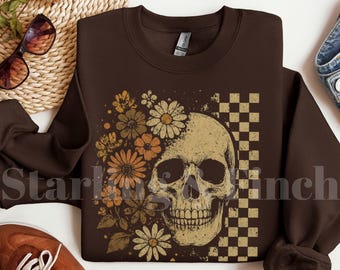 Vintage grunge schedel bloem trui, retro dambord halloween-sweater, boho griezelige halloween-top, herfst esthetisch cadeau voor vriend