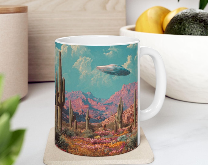 Retro Surreal UFO Mug, Wester Sci-Fi Alien Coffee Cup