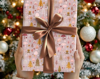 Pastel Mushroom Christmas Wrapping Paper Cute Winter Tree Gift Wrap Cottagecore Holiday Aesthetic Forest Print for Boho Xmas Gifts