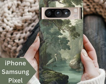 Verdure Blauer Reiher Handyhülle, Elegante Französische Kunst Inspiriert iPhone Hülle Geschenk für Sie, Samsung Handyhülle Stocking Stuffer, Pixel Handyhülle