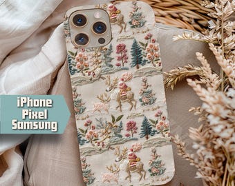Pastel Vintage Santa Embroidered Look Phone Case, Soft Christmas Aesthetic, Cute Reindeer Holiday iPhone Cover Stocking Stuffer Gift Idea