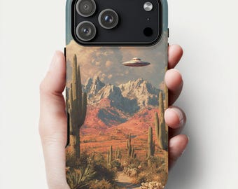 Wüste UFO Handyhülle, Retro Sci Fi iPhone 17 16 15 14 Hülle, Southwest Alien Aesthetic Samsung Google Pixel Hülle