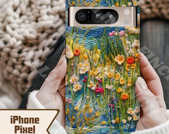 Etui na telefon z haftowanymi kwiatami | Kwiatowy prezent na Dzień Matki | Haftowany, kwiatowy, estetyczny telefon dla niej | iPhone Pixel Samsung