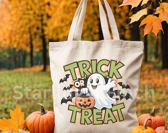 Trick Or Treat Ghost-draagtas, schattige herbruikbare Halloween-tas met pompoen, grappige Ghost Trick Or Treat-tas, Spooky Season Fall Market-draagtas