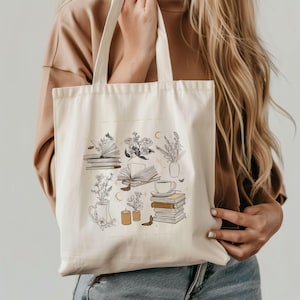Celestial Book Lover Tote Bag, Boho Library Book Bag for Student, Bookish Birthday Gift for Book Lover , Aesthetic Farmers Market Errand Bag