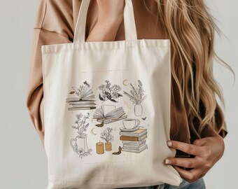 Celestial Book Lover Tote Bag, Boho Library Book Bag for Student, Bookish Birthday Gift for Book Lover , Aesthetic Farmers Market Errand Bag
