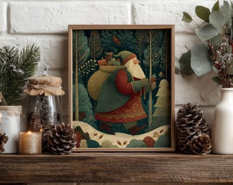 Whimsical Scandinavian Santa Wall Art Print, Nordic Christmas Home Decor