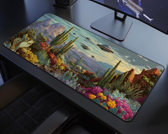 Wüste UFO Landschaft Gaming Schreibtischmatte, Surreal Western Kaktus Sci-Fi Mauspad