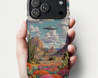 Southwest UFO Desert Handyhülle für iPhone, Samsung & Pixel, Retro Surreal Space Western Aesthetic Phone Cover