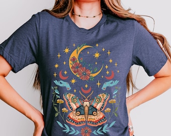Boho Celestial Moth T-shirt | Cottagecore Clothing | Mystic Moonlit Moth Shirt | Whimsigoth Clothing | Moon Moth Fairycore Shirt