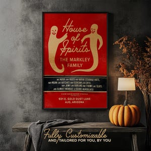 House of Spirits Custom Halloween Print, Vintage Matchbook Wall Art, Haunted House Watercolor Decor, Retro Spooky Family Gift