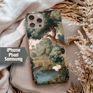 Verdure French Landscape Heron Phone Case, Luxury Nature Scene iPhone Cover, Grandmillennial Art Phone Case Christmas Gift for Friend or Mom