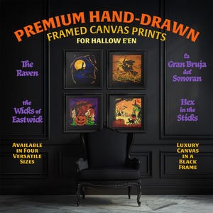 May include: Four framed canvas prints with Halloween illustrations, including a raven, witch, and pumpkin. The prints are displayed on a black wall with a black chair in front. Text on the image reads "Premium Hand-Drawn Framed Canvas Prints for Hallow E'en."