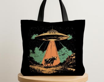 UFO Cow Tote Bag Gift, Retro Alien Space Western Tote for Students & Extraterrestrial Enthusiasts , Cow Lovers, Gift for Sci-Fi Fans