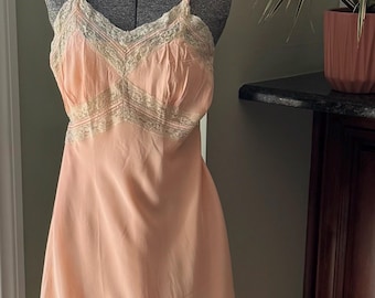 Vintage Lingerie Peach Rayon Slip Dress with Ecru Lace