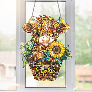 Personalized Highland Cow Suncatcher, Custom Name Sunflowers Window Hanging, Cowgirl Broken Glass Hologram, Cow Lover Gift for Her, Mom