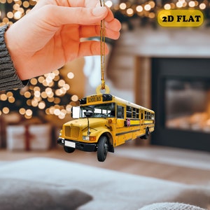 School Bus 2D Flat Ornament, Bus Ride Rearview Mirror Car Accessories, School Bus Christmas Ornament, Holiday Gift for Bus Driver