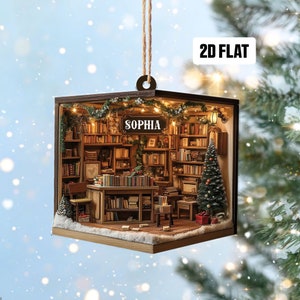 Personalized Book Store 2D Flat Ornament, Custom Name Christmas Ornament, Bookshelf Ornament, Bookstore Ornament For Book Lovers, Decor Gift