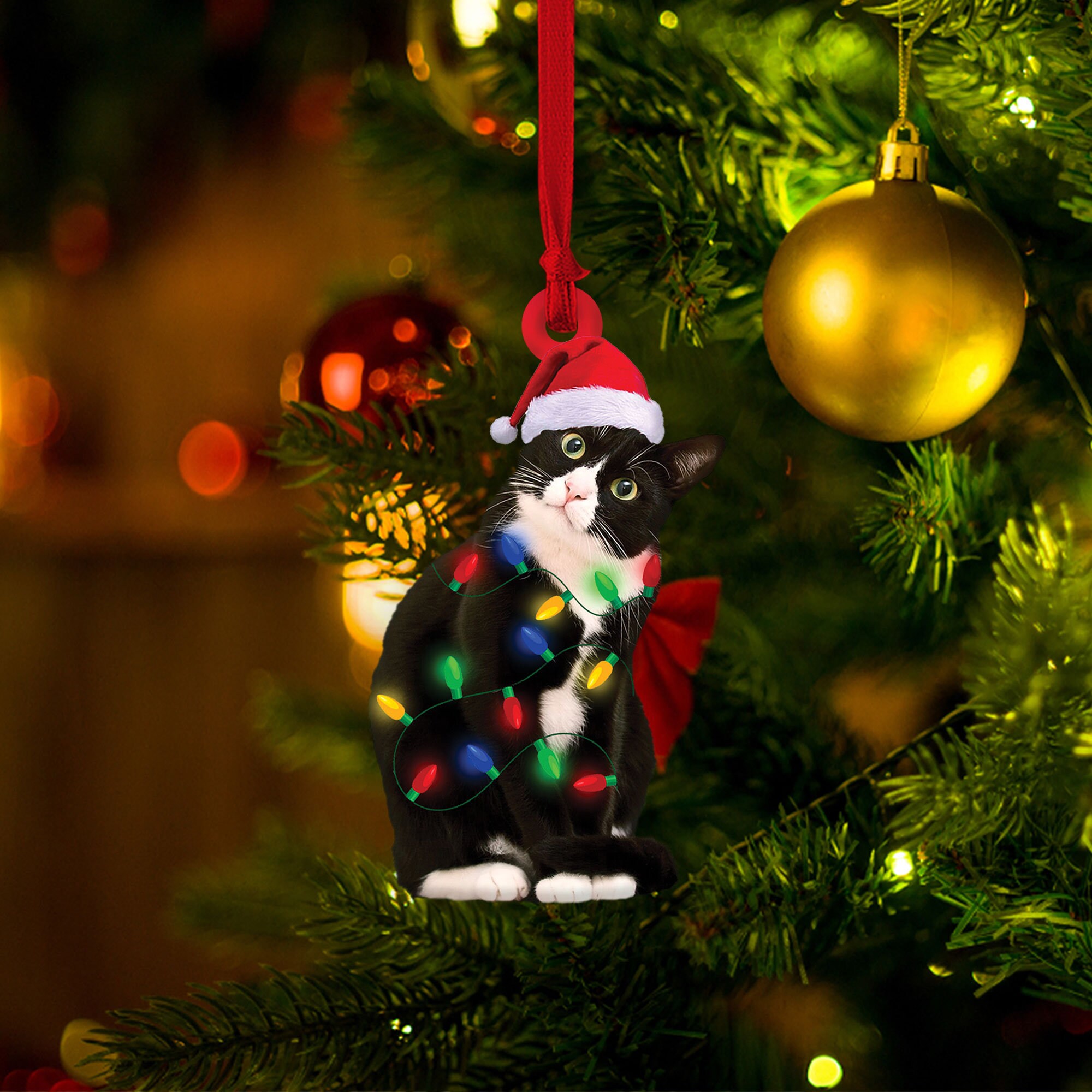 Tuxedo Cat Flat 2D Ornament, Cat Christmas Tree Ornament, Black & White ...