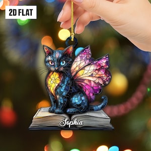 Personalized Black Cat Angel Flat 2D Ornament, Black Cat Reading Book Window Hanging Christmas Ornament, Gift for Cat Lovers