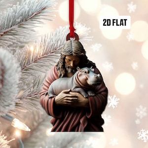 Jesus Moo Deng 2D Flat Ornament, Hippo Rearview Mirror Car Accessories, Hippo Christmas Ornament, Moo Deng Ornament, Pygmy Hippo Ornament
