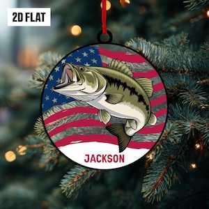 Personalized Fishing 2D Flat Ornament, Custom Name Christmas Ornament, Fisherman Ornament, American Flag Fish Gift, Angler Holiday Keepsake