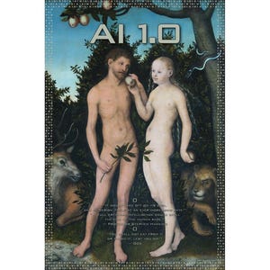 May include: A digital art piece depicting a modern interpretation of Adam and Eve. The artwork is a digital collage of a Renaissance painting with the text "AI 1.0" superimposed on the image. The text below the image reads "It would not take off on its own, and it would never go anywhere near "the singularity"... full artificial intelligence could well be the end of the human race." - Stephen Hawking