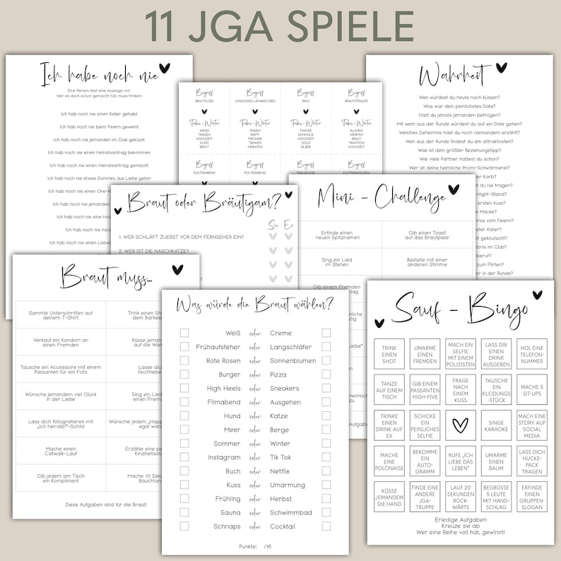 May include: A set of printable game cards for a bridal shower or bachelorette party. The cards feature games like "I have never", "Truth or Dare", "Mini Challenge", "Bride or Groom", "Bride Must", "What would the bride choose", and "Drinking Bingo".