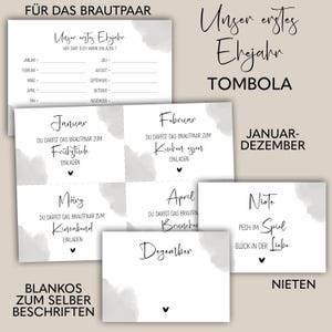 Hochzeitsspiel Tombola, Das erste Ehejahr ,Geschenk Hochzeit Spiel, 12 Gutscheine Vorlage zum Selbstausdrucken Zuhause,Januar-Dezember, PDF