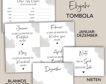 Wedding game raffle, The first year of marriage, Gift wedding game, 12 voucher templates for self-printing at home, January-December, PDF