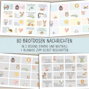 Könnte beinhalten: Ein Set von 80 Brotbox-Nachrichten in zwei Designs, mit farbenfrohen und neutralen Illustrationen und ermutigenden Botschaften. Die Notizen enthalten Bilder von Tieren, Herzen und Sternen, mit positiven Texten.