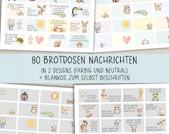 May include: A set of 80 lunchbox notes in two designs, featuring colorful and neutral illustrations with encouraging messages. The notes include images of animals, hearts, and stars, with text like "You are a lucky charm!" and "Dream big!"