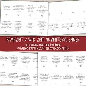 Puede incluir: Un calendario de Adviento blanco y rojo con el texto "Paarzeit / Wir Zeit Adventskalender" y "40 Fragen für den Partner + Blanko Karten zum Selbstbeschriften". El calendario tiene 40 preguntas y tarjetas en blanco.