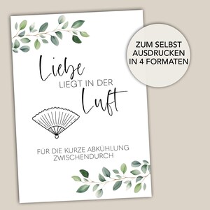 Hochzeitsfächer Schild, Liebe liegt in der Luft, Fächer, Hochzeit Schild zum Selbstdrucken als PDF Format, Digitaler Download in 4 Formaten