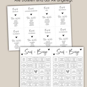 May include: Two black and white printable bingo cards with the title "Sauf-Bingo". The cards feature a variety of drinking game challenges, such as "Take a shot", "Make a selfie with a police officer", "Give a high-five to a stranger", "Sing karaoke", "Make a story on social media", "Get a hug from a stranger", "Find another group", "Run 20 seconds backwards", "Give 5 people a high-five", "Invent a group slogan".