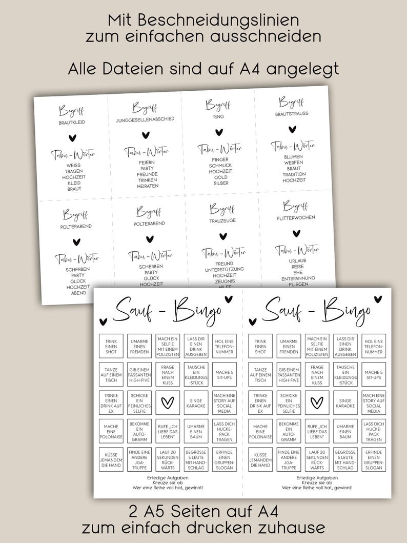 May include: Two black and white printable bingo cards with the title "Sauf-Bingo". The cards feature a variety of drinking game challenges, such as "Take a shot", "Make a selfie with a police officer", "Give a high-five to a stranger", "Sing karaoke", "Make a story on social media", "Get a hug from a stranger", "Find another group", "Run 20 seconds backwards", "Give 5 people a high-five", "Invent a group slogan".