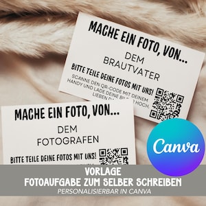 Könnte beinhalten: Zwei weiße Karten mit schwarzem Text, darunter "MACHE EIN FOTO, VON..." und "BITTE TEILE DEINE FOTOS MIT UNS!". Jede Karte hat einen QR-Code. Ein blaues und violettes Canva-Logo ist sichtbar. Der Hintergrund ist eine hellbraune, strukturierte Oberfläche.