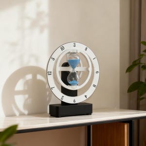 May include: A contemporary hourglass with a white clock face and black base. The clock face features black numerals and a gear-like design. The hourglass contains blue sand. The clock is on a white marble surface.
