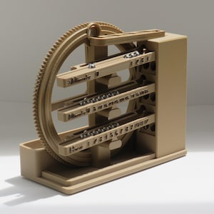 May include: A beige mechanical device featuring a large gear and several horizontal tracks. Small metal balls are arranged along the tracks, and the device has a rectangular base. The word "Minute" is visible on the tracks.