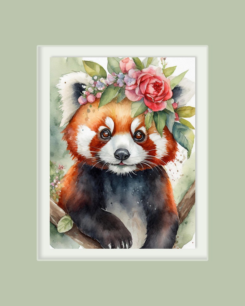 Red Panda Wall Art Print, Cute Red Panda, Flower Headband, Floral Art