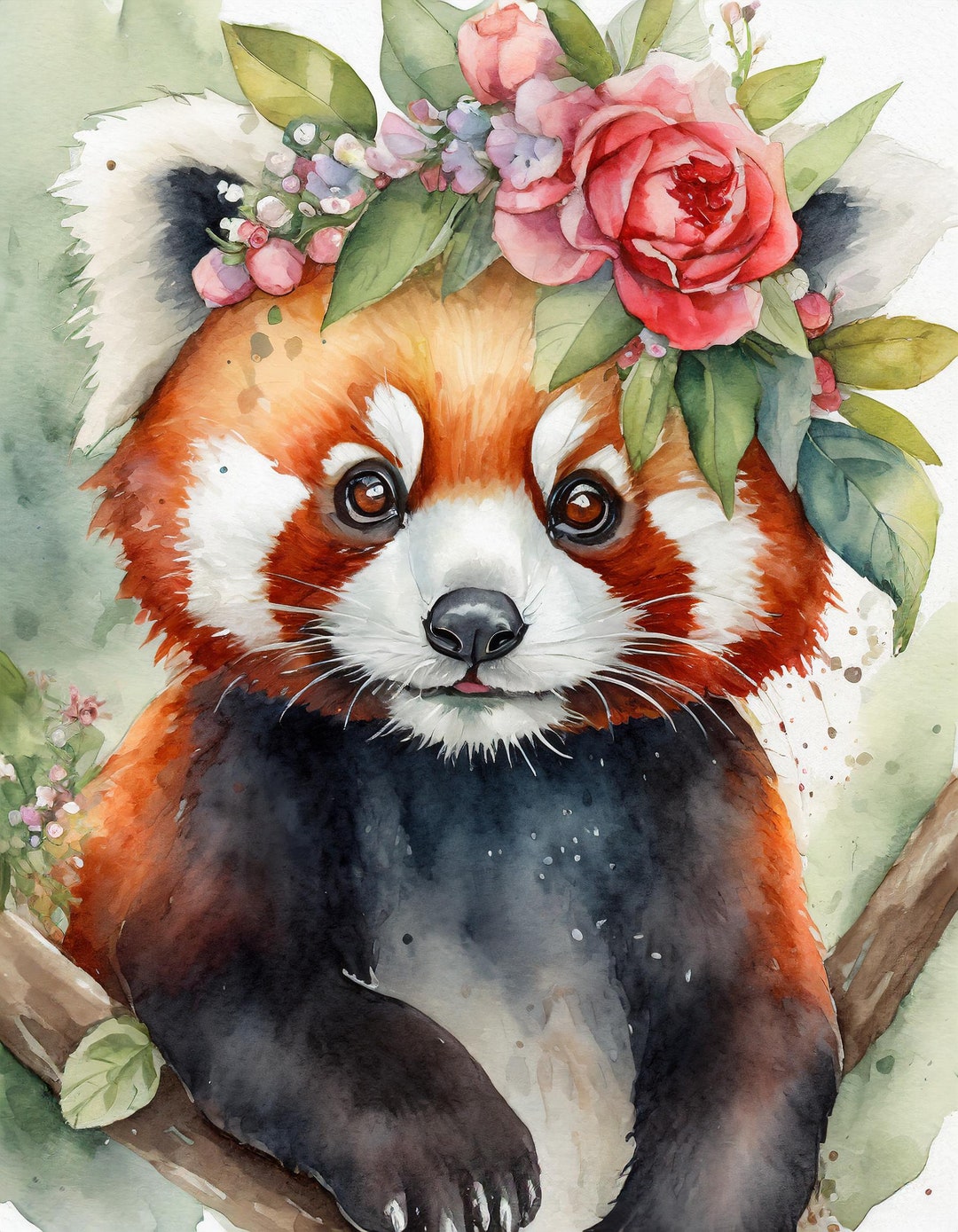 Red Panda Wall Art Print, Cute Red Panda, Flower Headband, Floral Art