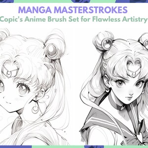 May include: Two black and white line drawings of a female anime character with long hair, wearing a sailor uniform. The character on the left has her hair pulled back in two buns, while the character on the right has her hair down. The text "MANGA MASTERSTROKES Copic's Anime Brush Set for Flawless Artistry" is at the top of the image.