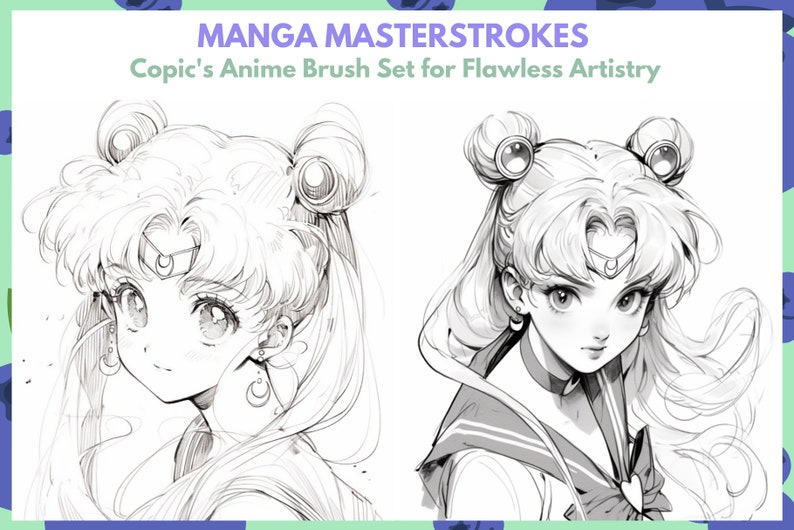 May include: Two black and white line drawings of a female anime character with long hair, wearing a sailor uniform. The character on the left has her hair pulled back in two buns, while the character on the right has her hair down. The text "MANGA MASTERSTROKES Copic's Anime Brush Set for Flawless Artistry" is at the top of the image.