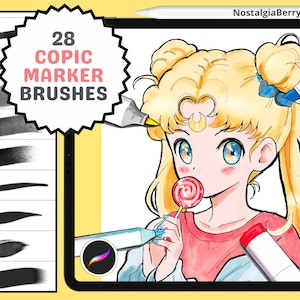 May include: A digital illustration of a young woman with blonde hair and blue eyes. She is wearing a red shirt and holding a lollipop. The image is on a tablet screen with a stylus and markers. The text "28 Copic Marker Brushes" is in a starburst shape.