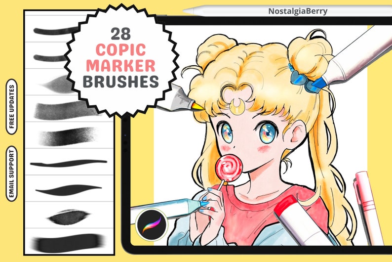 May include: A digital illustration of a young woman with blonde hair and blue eyes. She is wearing a red shirt and holding a lollipop. The image is on a tablet screen with a stylus and markers. The text "28 Copic Marker Brushes" is in a starburst shape.