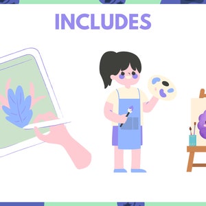 May include: Includes text with the word "INCLUDES" in purple letters. An illustration of a person with black hair wearing a yellow shirt and blue overalls holding a paintbrush and a blue and white paint palette. The person is standing next to a wooden easel with a canvas that has a purple cartoon berry with a happy face on it. There are three paintbrushes in a blue cup on the easel. The person is drawing on a tablet with a stylus. The tablet has a green screen with a blue leaf on it.