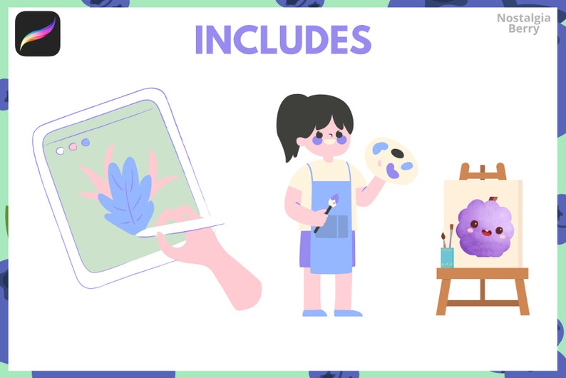 May include: Includes text with the word "INCLUDES" in purple letters. An illustration of a person with black hair wearing a yellow shirt and blue overalls holding a paintbrush and a blue and white paint palette. The person is standing next to a wooden easel with a canvas that has a purple cartoon berry with a happy face on it. There are three paintbrushes in a blue cup on the easel. The person is drawing on a tablet with a stylus. The tablet has a green screen with a blue leaf on it.
