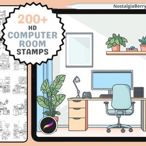 Procreate Stempel: Tech Haven Collection, 200+ Computer Raum Lineatur Stempel für Inneneinrichtung, Kunst, Färbung und Dekorprojekte