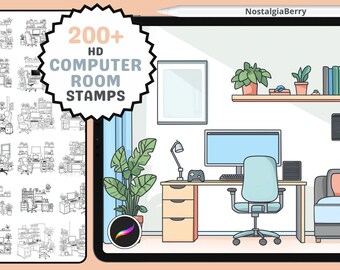 Procreate Stamps: Tech Haven Collection, 200+ Cute Computer Room Lineart Stamps for Interior Design, Art, Coloring, and Decor Projects